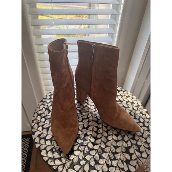 Marc Fisher Tan Suede Jarli Pointy Leather Ankle Bootie with Blocked Heel - Picture 6 of 11